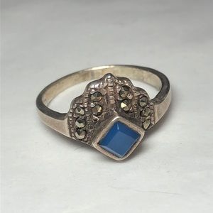 Blue, Marcasite and sterling pinky or midi Ring